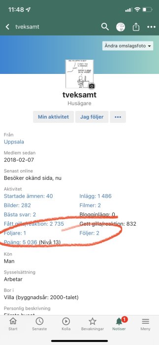 Skärmbild av användarprofil på diskussionsforum med statistik och tecknad profilbild.