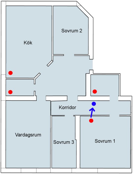 Ritning av lägenhet med markerade frånluftsventiler i kök och sovrum samt pil för föreslagen flytt av sovrumsventil.