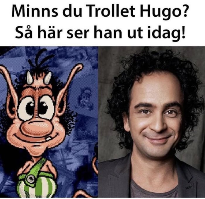 Jämförelse mellan pixelkonst av ett tecknat troll och skämtsam bild av en leende man.