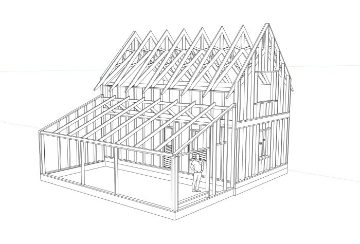 Skiss av husstomme i trä med tydlig inritad regelstruktur och en figur inne i konstruktionen.