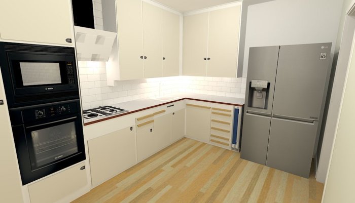 3D-rendering av ett kök med vit inredning, bänkskivor i träimitation och rostfria vitvaror.
