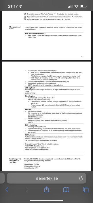 Skärmdump av instruktioner för menyinställningar i en elektronisk apparat, från en manual på enertek.se.