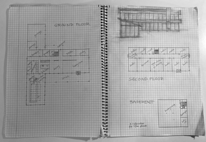 Handritad skiss av husplaner för bottenvåning, andra våning och källare i en anteckningsbok.