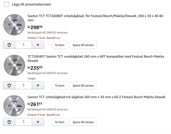 Tre olika Saxton cirkelsågblad för Festool och andra märken, med priser och lagerstatus.