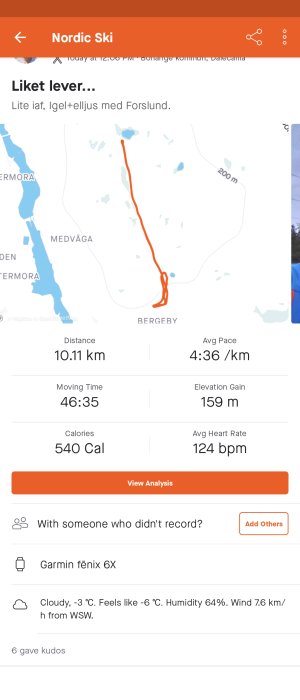 Skärmavbild av en träningsapp som visar en karta och statistik för en avslutad längdskidåkning.