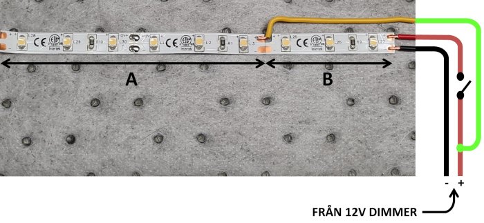 LED-strip monterad på grå yta med kopplingsschema för att styra delar av belysningen separat.