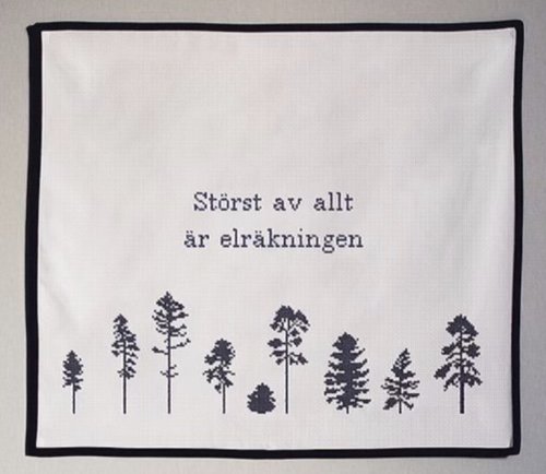 Svart text och trädillustrationer på vitt tyg med texten "Störst av allt är elräkningen".