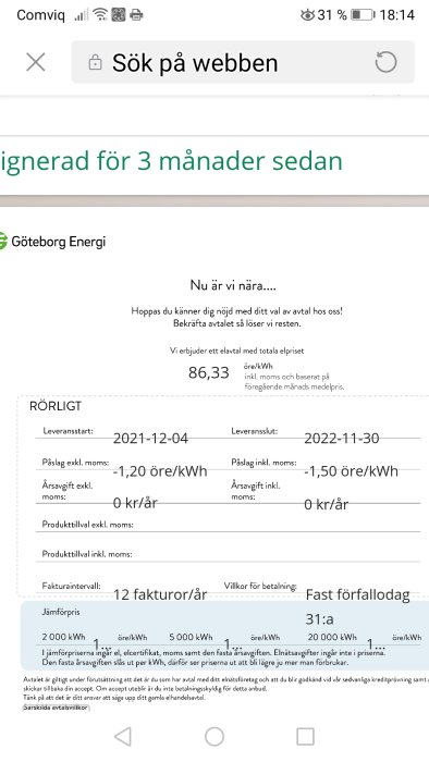 Skärmdump av elavtal med Göteborg Energi som visar pris och avtalsperiod.