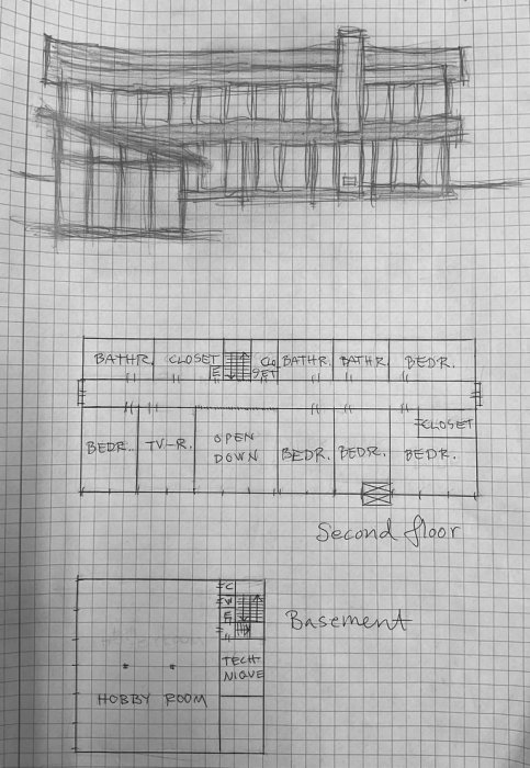 Handritad skiss av husfasad och planritningar för andra våningen och källaren.