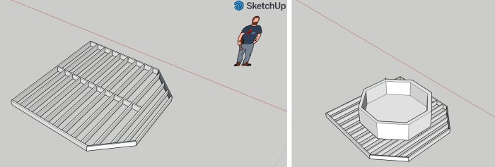 Sketchup-modell av en träkonstruktion med bärlinor och en figur som representerar mänsklig skala.