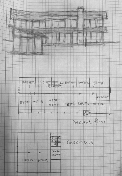 Skiss av ett stort hus och planritningar för andra våningen och källaren på rutigt papper.