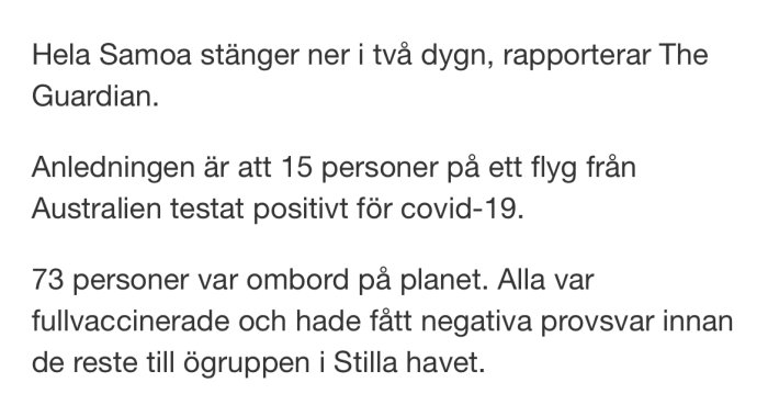 Text på skärm som rapporterar om 15 covid-19 fall på flyg från Australien enligt The Guardian.