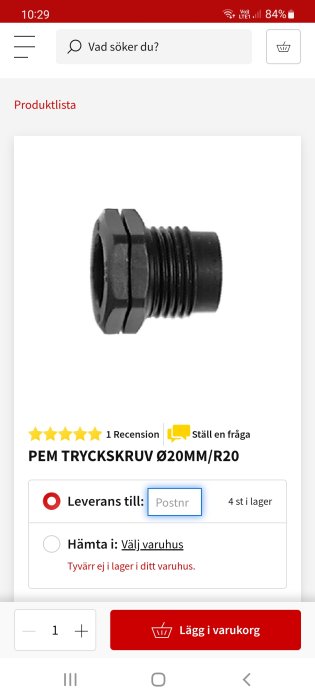 Svart tryckskruv av typen PEM Ø20mm/R20 på en webbshop-produktsida.