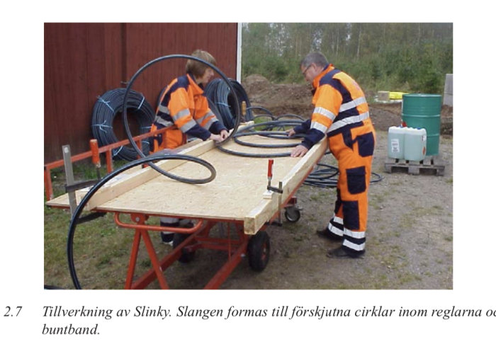 Tillverkning av Slinky-metodens slang för jordvärme, där två personer formar slangen på ett bord.