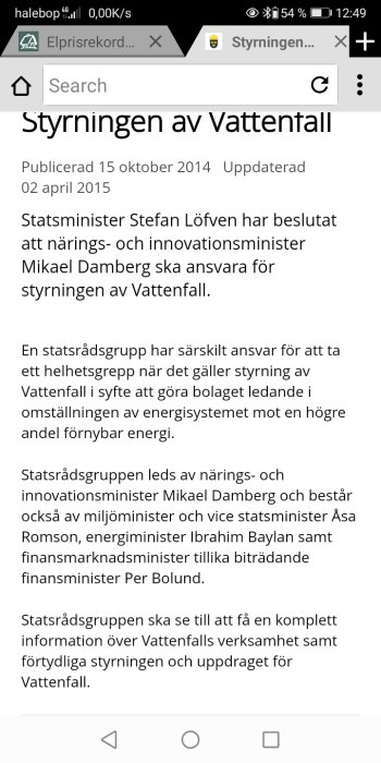 Skärmdump av en artikel om styrningen av Vattenfall, publicerad den 15 oktober 2014.