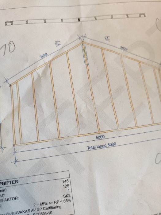 Delvis bild på en teknisk ritning av en takkonstruktion inkluderar mått och vinkelangivelser.