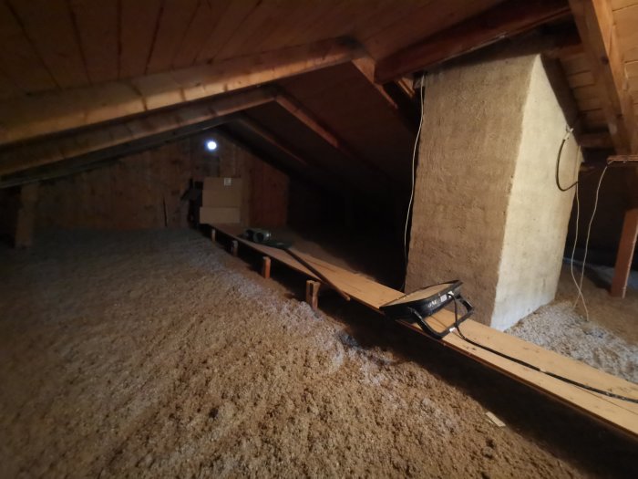 Vindutrymme med isolering, synliga takstolar, och murstock, som kan vara relaterad till en nedanliggande vägg.