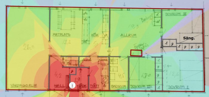 Ritning av husplan med zoner i olika färger, markerat område visar dålig radiosignal.