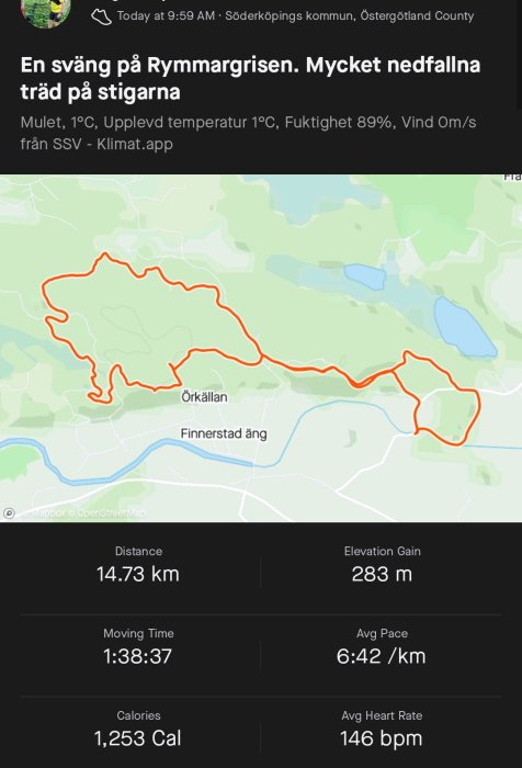 Kartöversikt över en löptur på 14,73 km med information om tid, distans, höjdmeter, tempo och kaloriförbrukning.