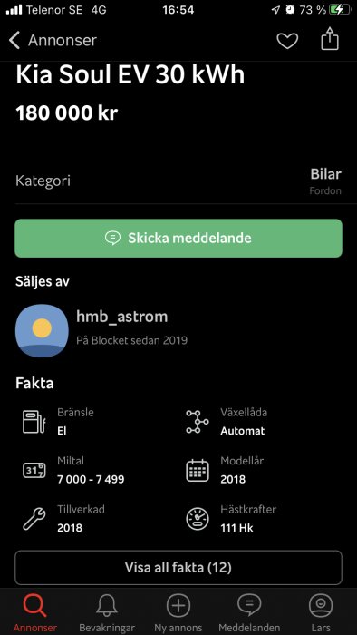 Skärmdump från annons om en Kia Soul EV 30 kWh för 180 000 kr med specifikationer som eldrift och automatväxel.