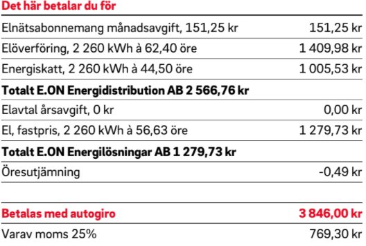 Elräkning från E.ON visar detaljerad kostnadsfördelning med totalbelopp på 3 846 kr som betalas via autogiro.