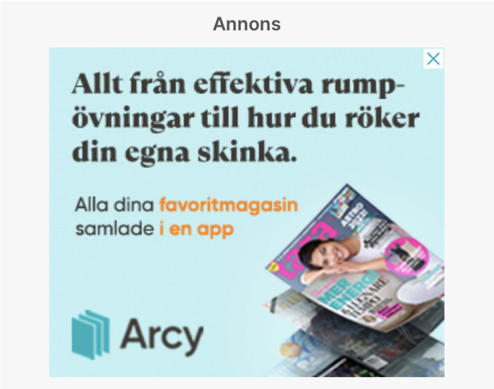 Reklambild för en app med text och en bild av en tidskrift.