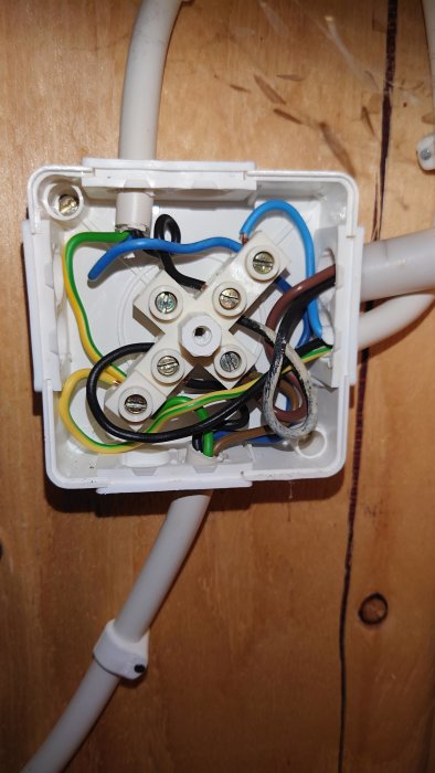 Eluttag under installation med synliga anslutna trådar och kopplingar mot en trävägg.
