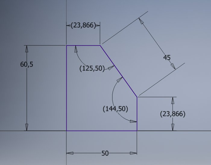 Ritning med måttangivelser i ett CAD-program, visar geometriska former och linjaler.