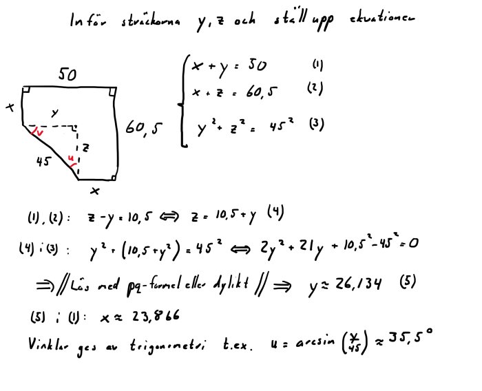 Handritade matematiska beräkningar och diagram för byggkonstruktion med ekvationer och mätvärden.