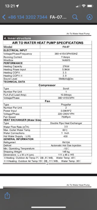 Skärmbild av en luft till vattenvärmepumps specifikationer på en mobiltelefon.
