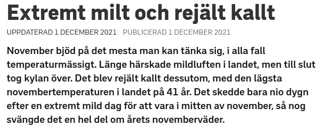 Artikelrubrik om extremt milt väder följt av rekordkallt i November.