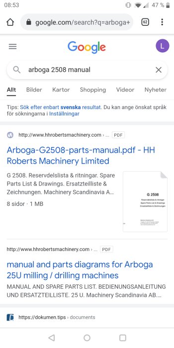 Skärmdump av Google-sökresultat för "arboga 2508 manual" med framhävda länkar till manualer.