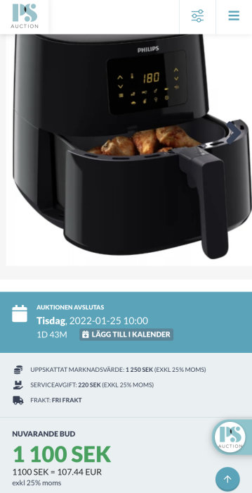 Svart Philips fritös på en auktionssida med visat pris 1 100 SEK och maträtter inuti.