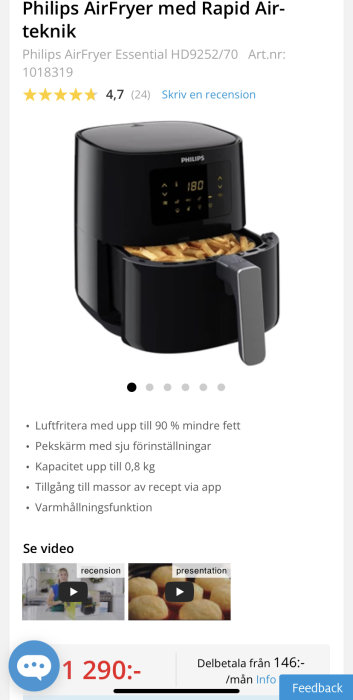 Philips AirFryer Essential HD9252/70 med digital kontrollpanel och pommes frites inuti, modell och prisinformation.