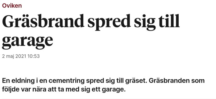 Nyhetsartikelrubrik om en gräsbrand som spridit sig till ett garage.