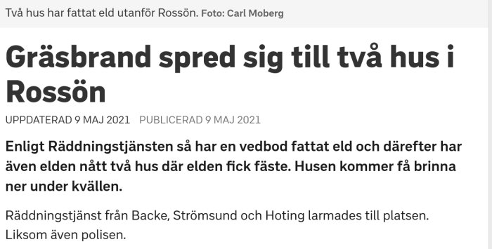 Förstasidan till en nyhetsartikel med titeln "Gräsbrand spred sig till två hus i Rossön".