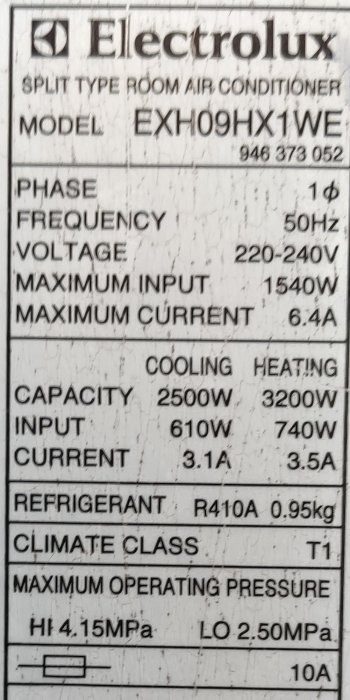 Specifikationsmärkning för Electrolux luftkonditionering med modellnummer och tekniska data.