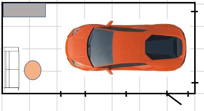 Skiss av ett garageprojekt med en orange hobbybil, stora glasrutor mot tomten, och infartsytor markerade i blått och grått.