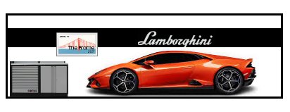 Ritning av ett garage intill en orange Lamborghini, stora fönster mot en tomt och texten "The Frame".