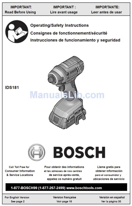 2012 Bosch skruvdragare manualomslag med modellnummer IDS181.