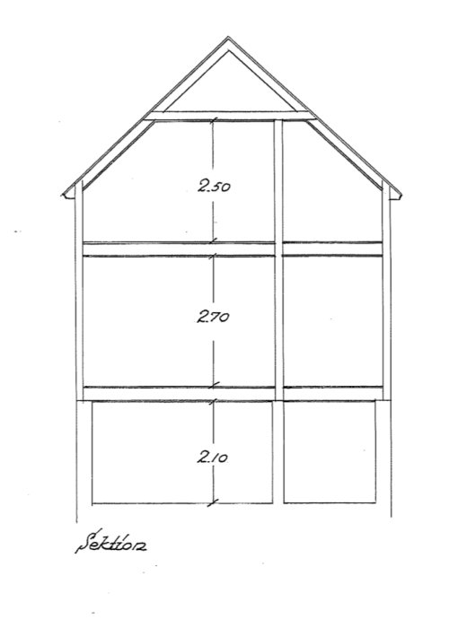 Sektionsritning av ett hus med angivna mått för takhöjd på olika våningar.