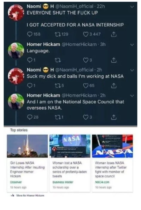 Skärmdump av Twitter-konversation och nyhetsartiklar om förlorat NASA-praktik efter otillbörliga kommentarer.