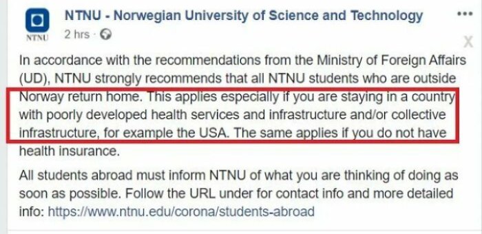 Skärmdump från NTNU där rekommendationer ges till studenter om att återvända hem, med specifik hänvisning till USA:s infrastruktur.