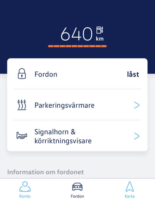 Skärmdump av We Connect-appen som visar bilens räckvidd och menyval för fordonsinställningar.