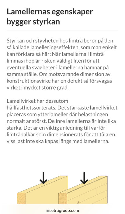 Illustration av limträkonstruktion med lameller och pil som visar belastningsriktning.