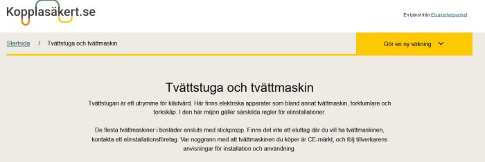 Skärmbild av avsnittet "Tvättstuga och tvättmaskin" på Elsäkerhetsverkets hemsida.