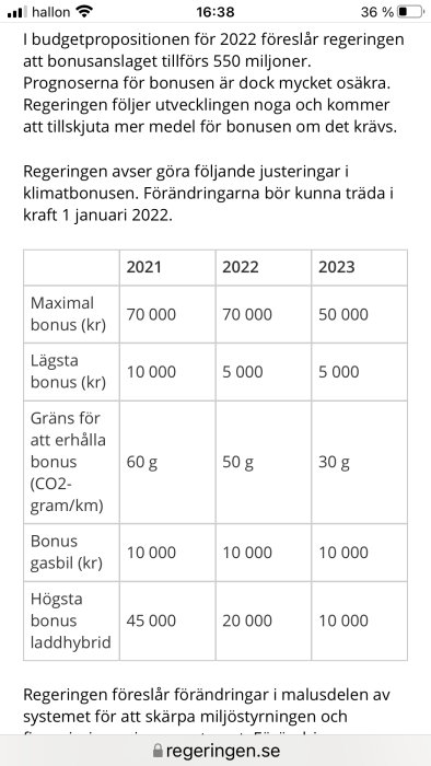 Skärmdump av regeringens pressmeddelande om justeringar i bonus-malus systemet med tabell för 2021-2023.