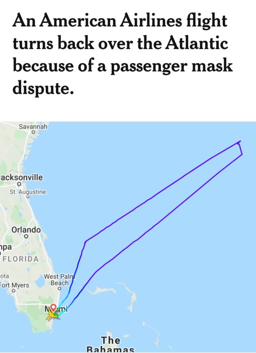 Karta som visar en flygplansrutt som vänder tillbaka till Miami på grund av en konflikt om munskydd.