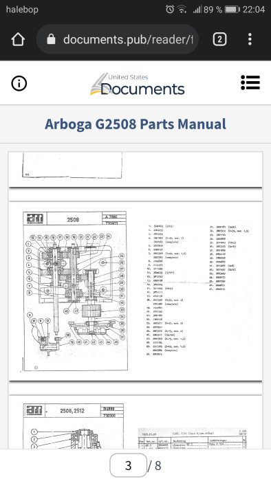Skärmdump av Arboga G2508 Parts Manual med tekniska ritningar och delnummerlista.