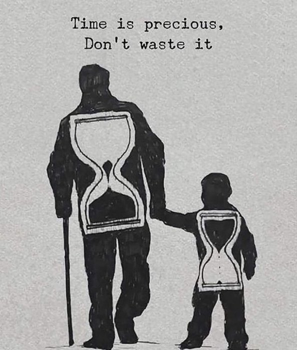 Illustration av en äldre person och ett barn med timglasfigurer på deras kläder och texten "Time is precious, Don't waste it".